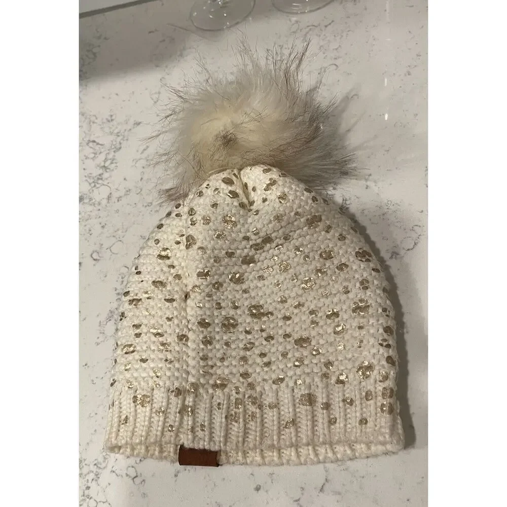 C&K Ivory Knit Gold Speckled Slouchy Beanie with Pom, Women Winter Hat